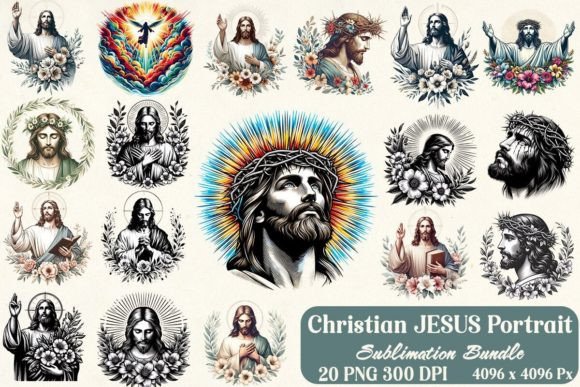 Christian Jesus Portrait Sublimation PNG Bundle